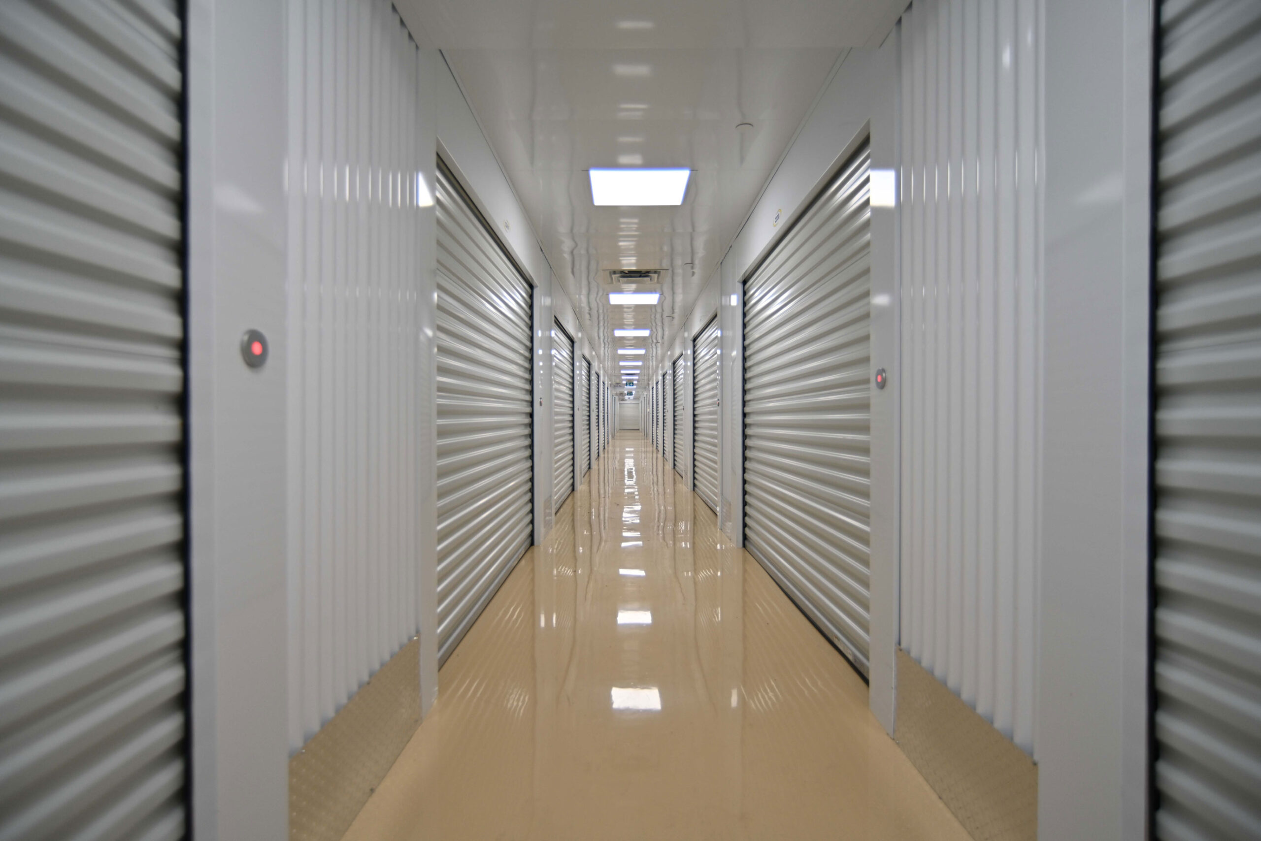 Hallway view of Dymon Storage interior storage units