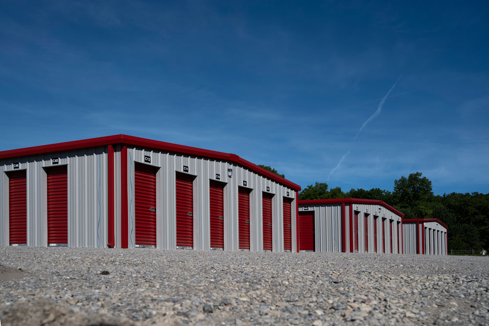 Red and white metal panel storage units