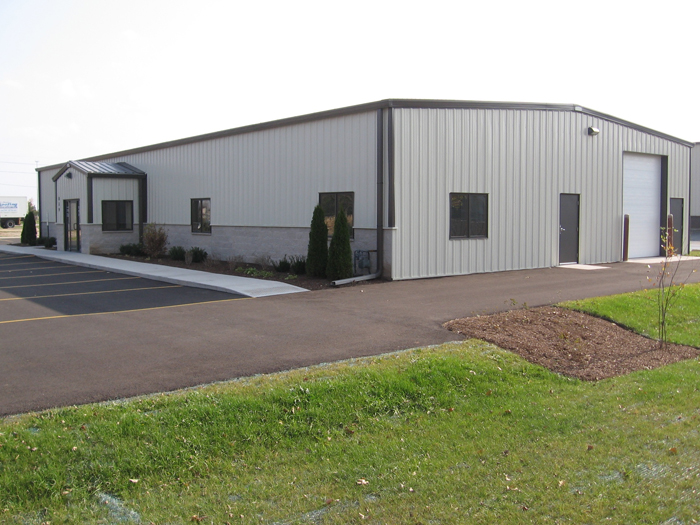 Commercial building exterior with metal panels